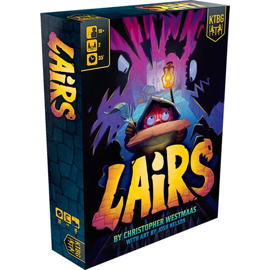 Lairs board game box featuring a cartoon creature peeking from its lair.