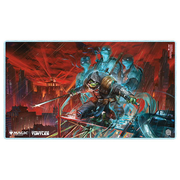 MTG Teenage Mutant Ninja Turtles officially licensed playmat featuring four ninja turtles in a red-lit city.
