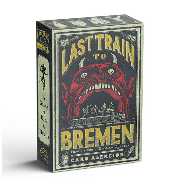Last Train to Bremen game box featuring red devil face, train, and cursed musicians.