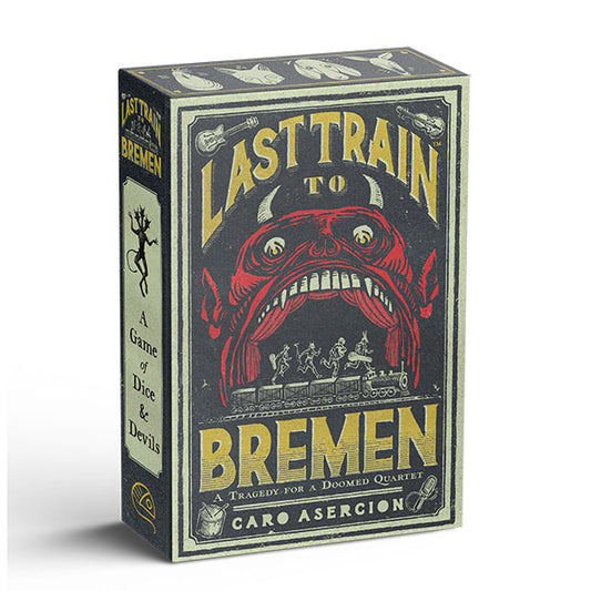 Last Train to Bremen game box featuring red devil face, train, and cursed musicians.