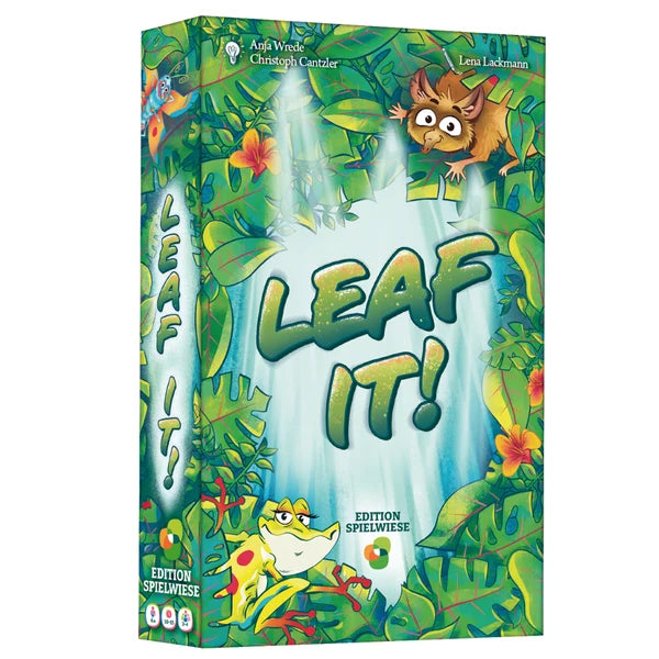 Leaf It game box showing the title with a frog and a furry animal among cartoon jungle leaves.