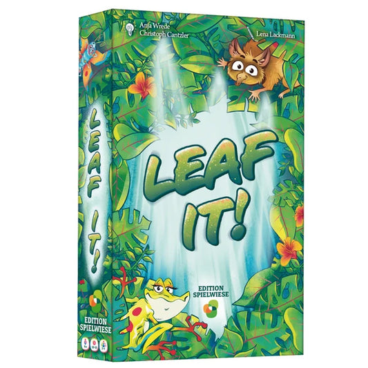 Leaf It game box showing the title with a frog and a furry animal among cartoon jungle leaves.