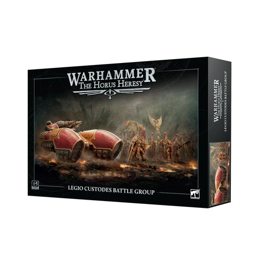 Horus Heresy Legio Custodes Battle Group with armored warrior miniatures and Caladius Annihilator Grav-tank.