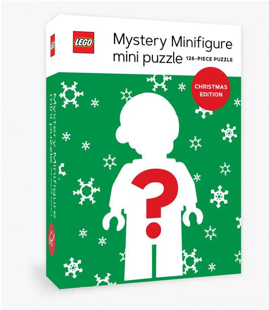 LEGO Mystery Minifigure Mini Puzzle, Christmas Edition Green, 126 pieces, with festive silhouette and snowflakes.
