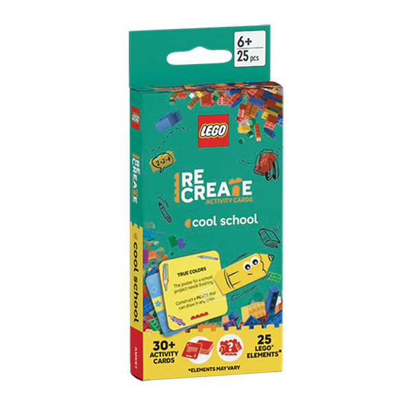 Lego Recreate Cool School set for ages 6+, includes 25 pieces, over 30 cards, and building prompts.