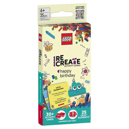 Lego Recreate Happy Birthday set, 25 pieces, pocket-sized, includes activity cards, for ages 6 and up.