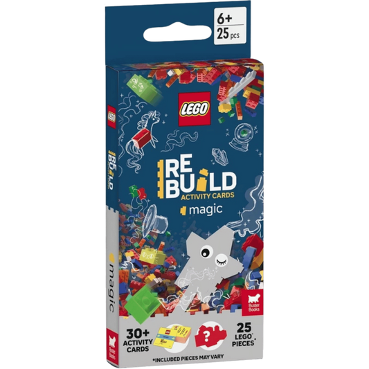 Lego Recreate Magic set for ages 6+, includes over 30 challenge cards, 25 bricks, and colorful images.