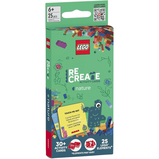 Lego Recreate Nature set, ages 6+, includes 25 pieces and over 30 nature challenge cards.