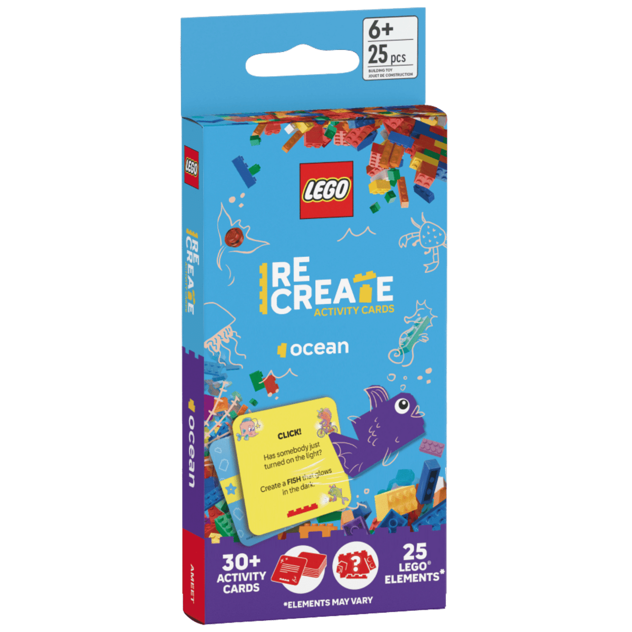Lego Recreate Ocean 25-piece set for ages 6+ with over 30 ocean-themed activity cards and creative challenges.
