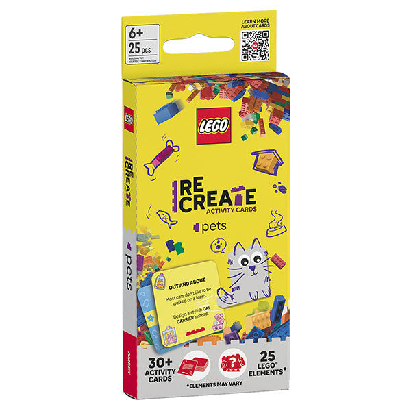 Lego Recreate Pets set with yellow box, cards, and cartoon cat theme for pet-related building activities.