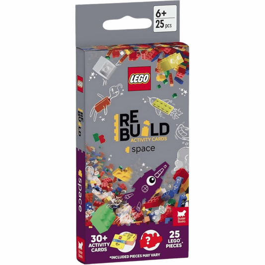 Lego Recreate Space set for ages 6+, includes 25 LEGO pieces and over 30 pocket-sized activity cards.