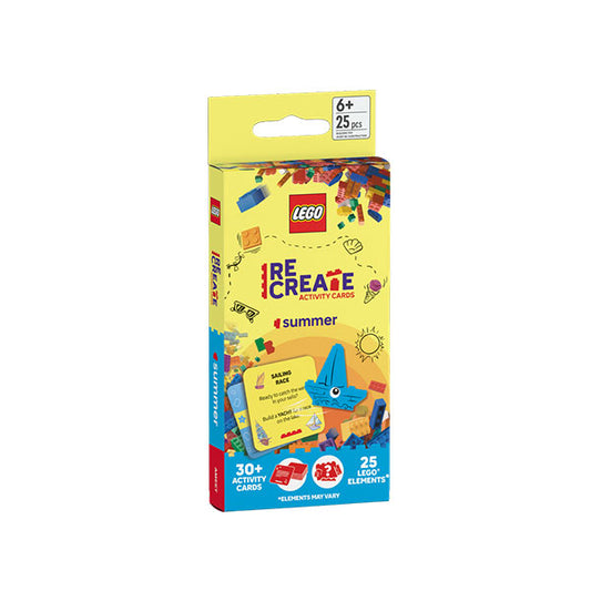 Lego Recreate Summer set, yellow box with building prompts and LEGO pieces, for ages 6 and up.