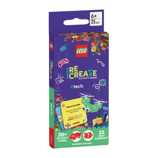 Lego Recreate Tech set with 25 building prompts for portable LEGO element construction.
