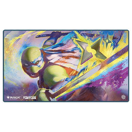 MTG Teenage Mutant Ninja Turtles playmat featuring TMNT with nunchucks and displayed logos.