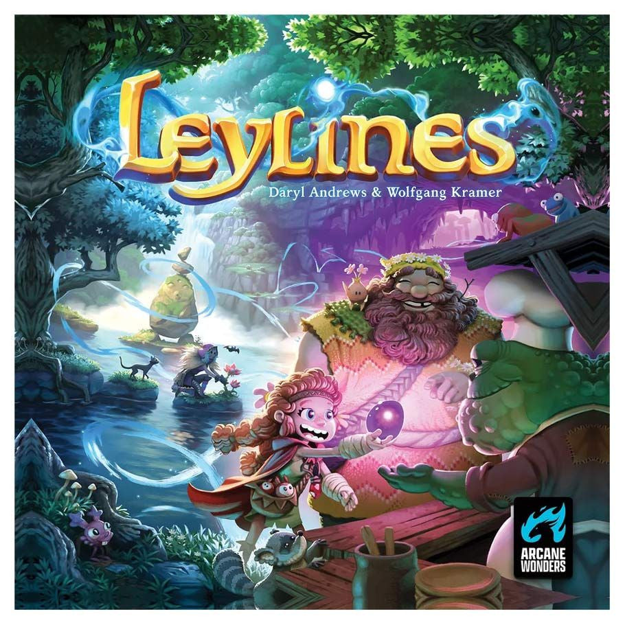 Leylines board game box with magical creatures, glowing forest, river, and leylines on the cover.