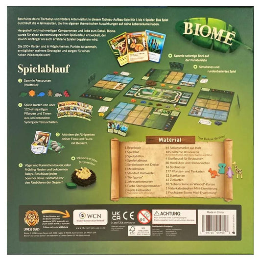 Back of Biome box showing game components, rules, and illustrated cards.