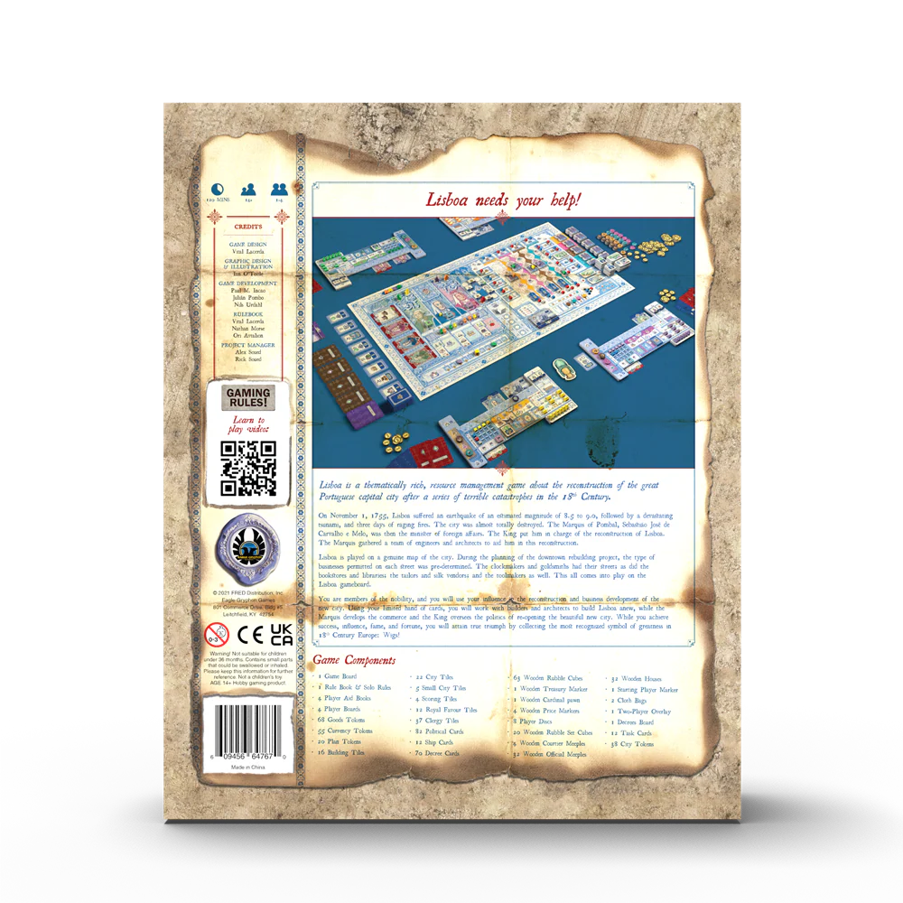 Lisboa: Deluxe Edition board game where players rebuild a Portuguese city after a disaster.