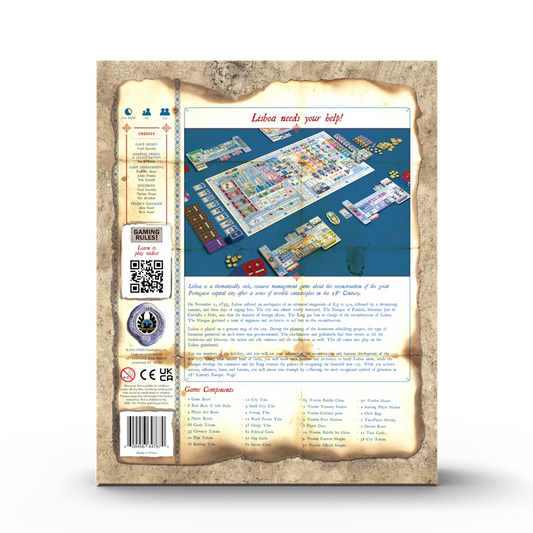 Lisboa: Deluxe Edition board game where players rebuild a Portuguese city after a disaster.