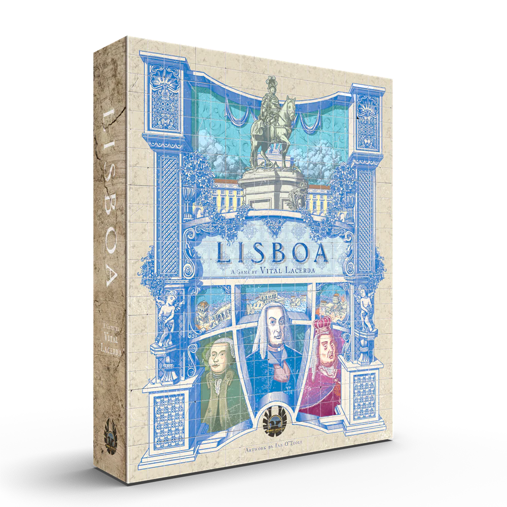 Lisboa: Deluxe Edition board game box featuring blue-toned Lisbon city reconstruction artwork with statues and figures.