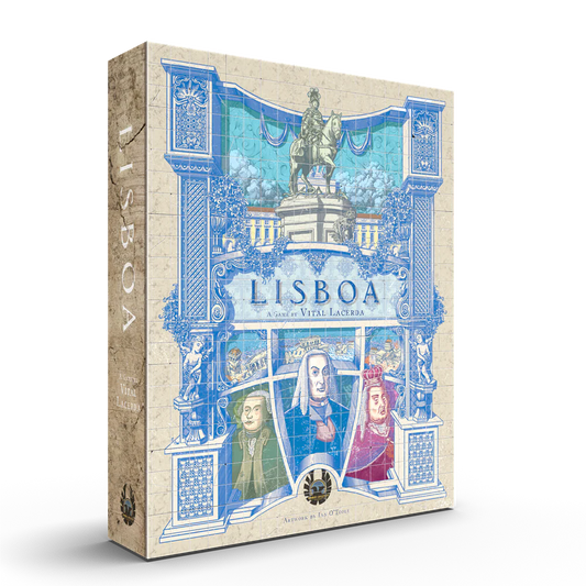 Lisboa: Deluxe Edition board game box featuring blue-toned Lisbon city reconstruction artwork with statues and figures.