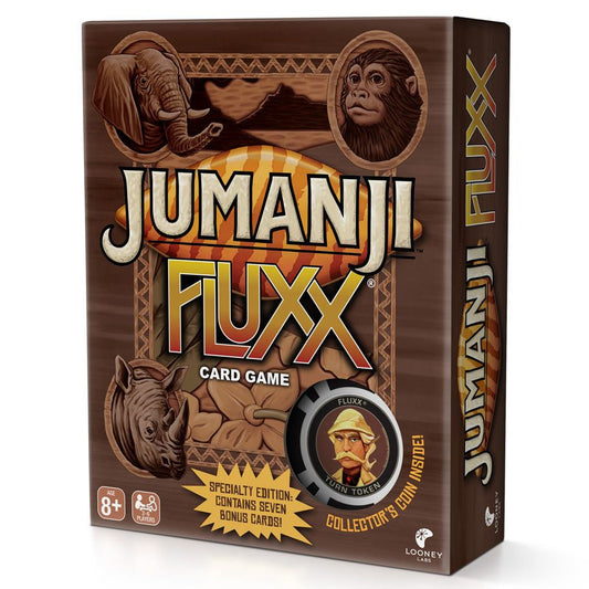 Jumanji Fluxx card game with animal art, Danger cards, and collectible coin; for ages 8 and up.