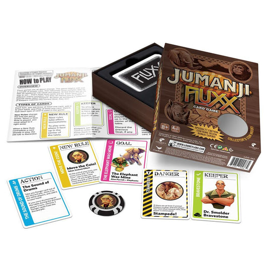 Jumanji Fluxx game with Danger cards, collectible coin, rule sheet, and pieces in an open box.