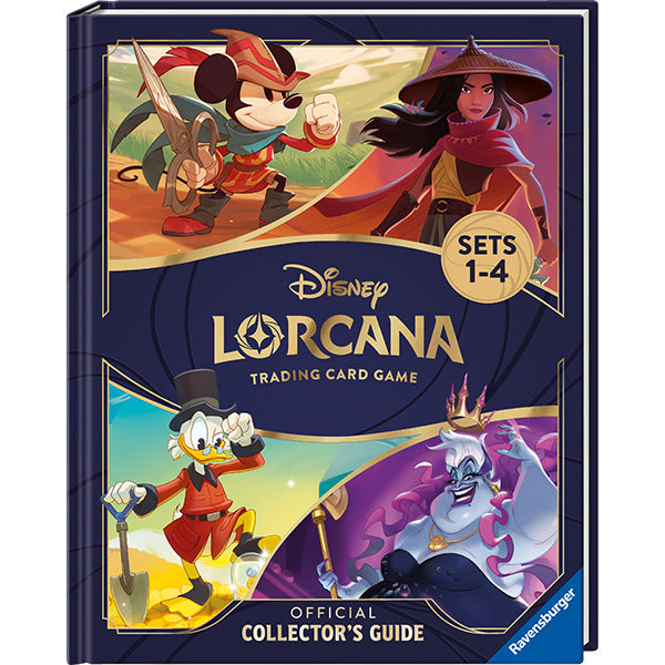 Disney Lorcana: Official Collectors Guide—Sets 1-4, cover with Mickey, Raya, Scrooge McDuck, and Ursula.