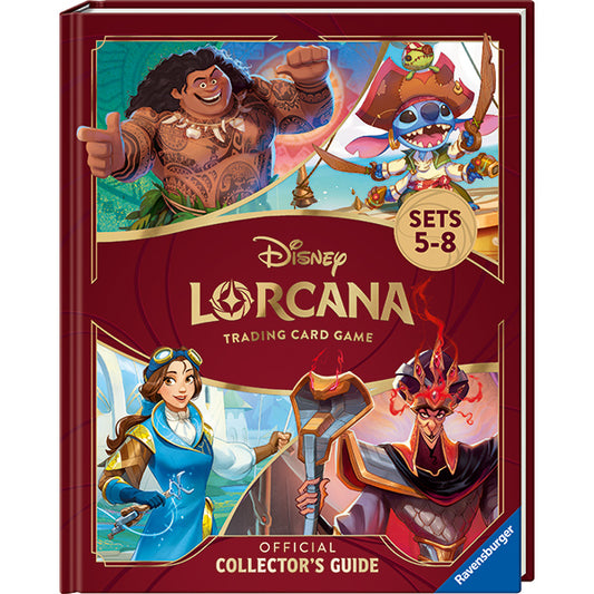 Disney Lorcana: Official Collectors Guide Sets 5-8 cover featuring Moana, Stitch, Belle, and Jafar.