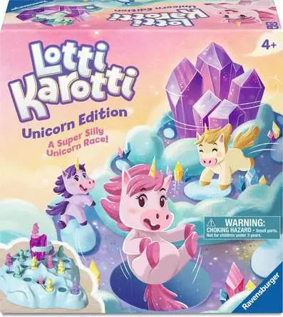 Lotti Karotti Unicorn kids game box featuring unicorns, gems, and clouds.