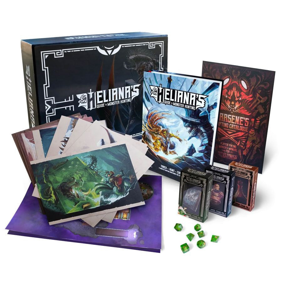Helianas Guide to Monster Hunting: Core Box (5e) with included books, cards, dice, and art prints.