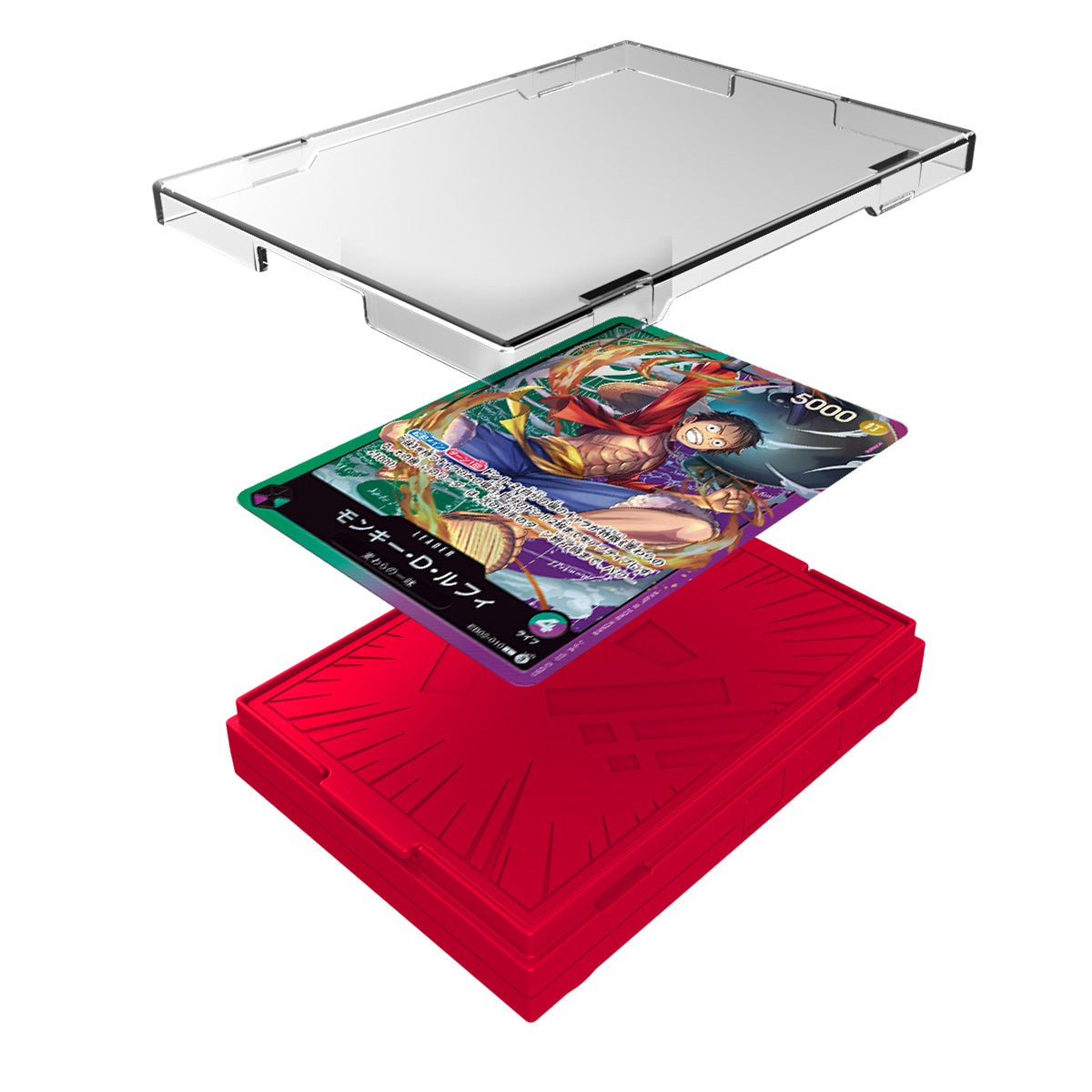 One Piece Card Game Sound Loader (Luffy Edition 2025) [BCCL] case with transparent lid, red base, and card shown apart.