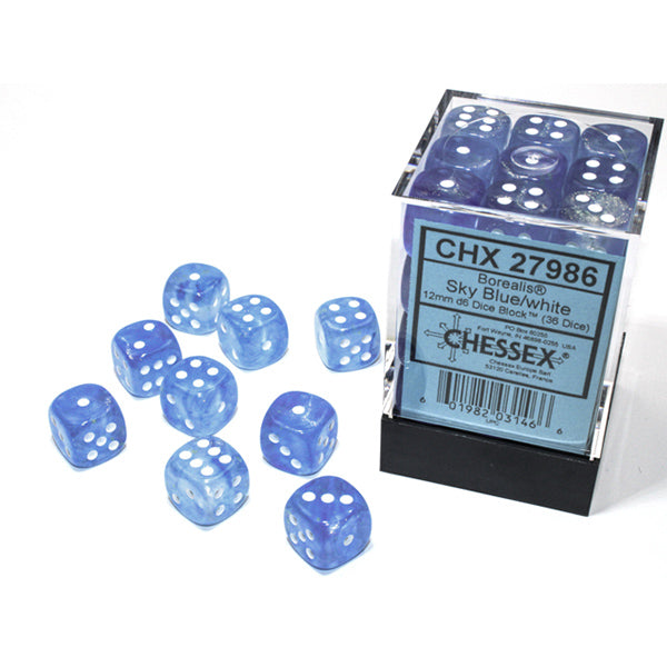 36 Borealis Luminary Blue/White 12mm d6 dice in a clear box labeled CHX 27986.