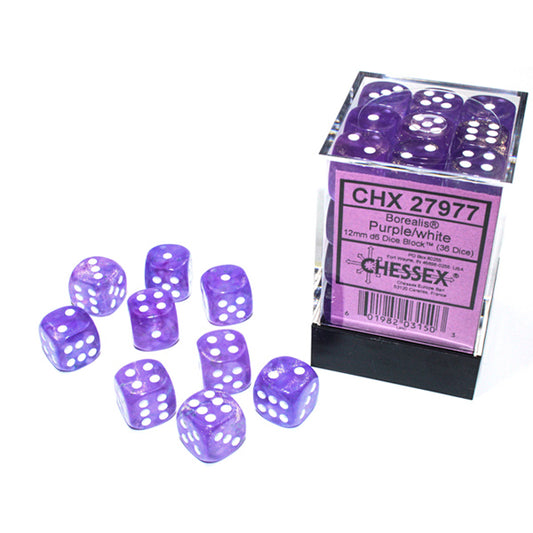36 Borealis Luminary Purple/White 12mm d6 dice with some dice outside a clear box.