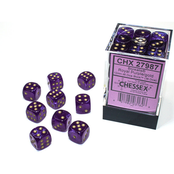 Twelve Borealis Luminary Royal Purple/Gold 12mm dice with a clear 36d6 set box.