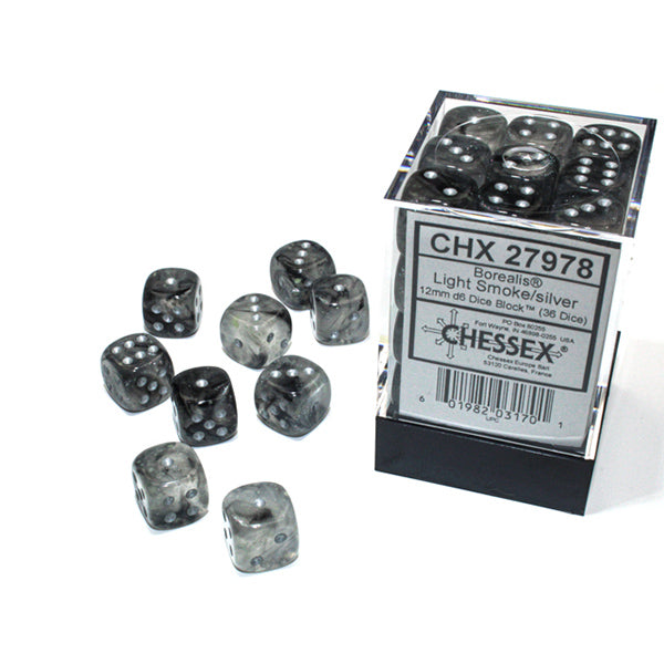 36 translucent gray Borealis Luminary Light Smoke/Silver 12mm d6 dice with box labeled CHX 27978.