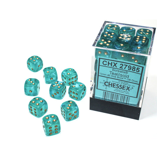 Borealis Luminary Teal/Gold 36d6 dice set scattered and stacked on a white background.