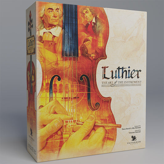 Luthier: The Art of the Instrument board game box featuring violin crafting and classical composer theme.