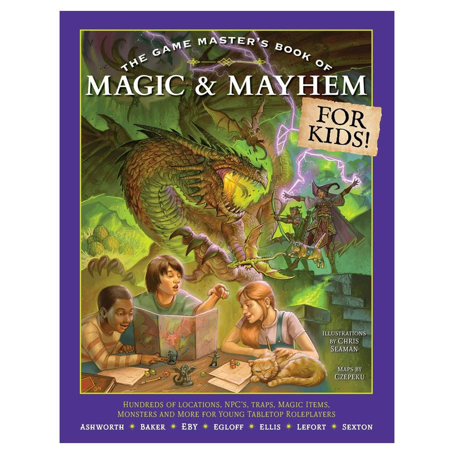 Game Masters Book of Magic & Mayhem for Kids cover featuring young players and a dragon at a tabletop game.