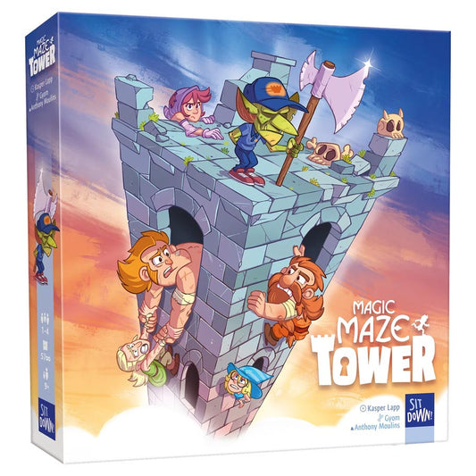 Magic Maze Tower puzzle game box featuring cartoon heroes and a goblin with a flag on a leaning tower.
