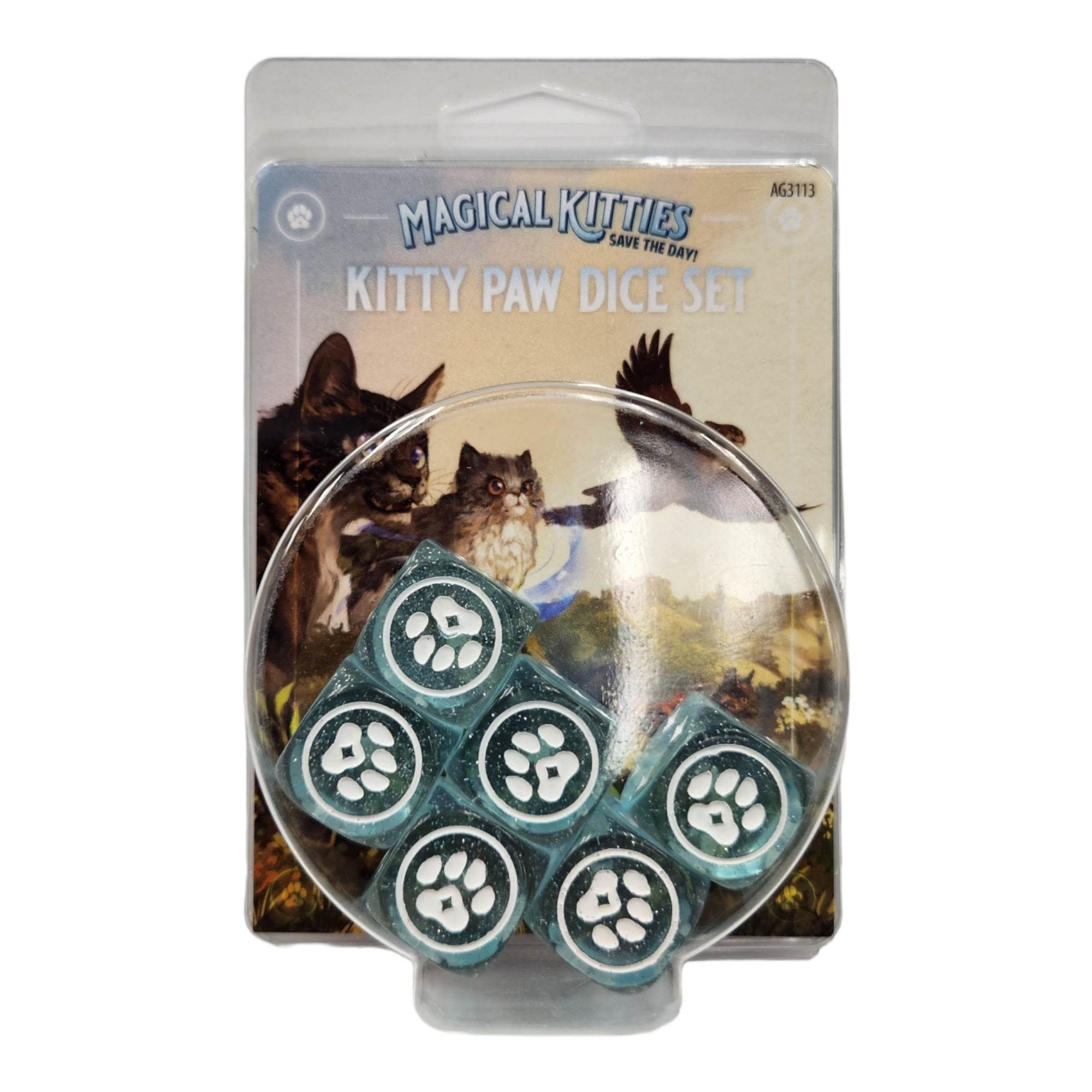 Six teal 20mm dice with white paw prints in Magical Kitties Save the Day Kitty Paw Dice Set packaging.