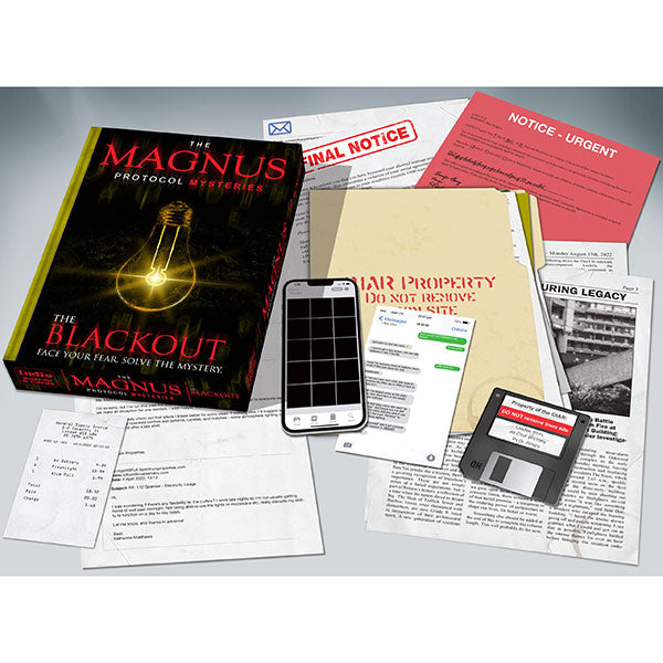 Magnus Protocol Mysteries: Blackout game box with documents, phone, floppy disks, and papers on a table.
