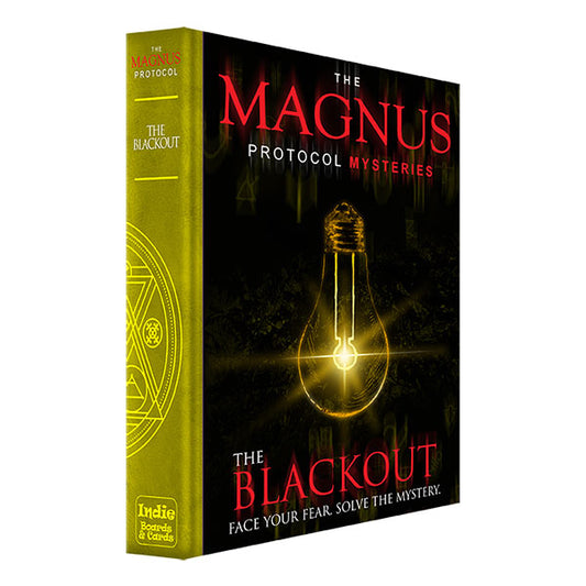 Magnus Protocol Mysteries: Blackout supernatural mystery game with a glowing light bulb on a dark background.