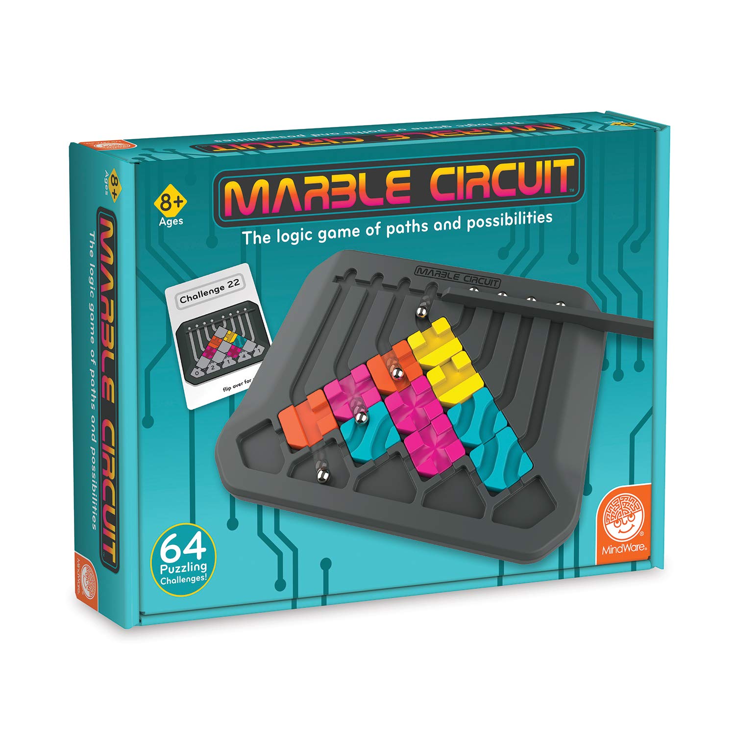 Marble Circuit game with marble maze, colorful tiles, and challenge cards for ages 8 and up.