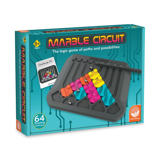 Marble Circuit game with marble maze, colorful tiles, and challenge cards for ages 8 and up.