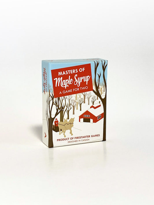 Masters of Maple Syrup game box with winter scene, horse-drawn sleigh, and barn.