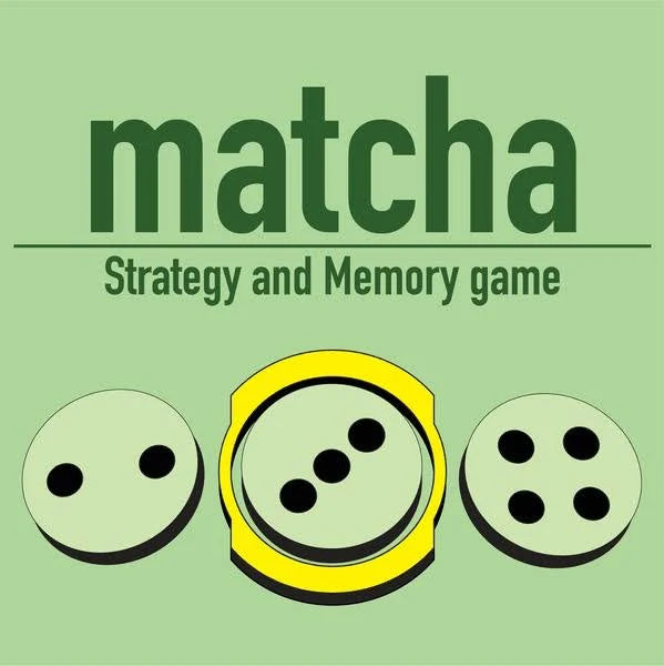 Matcha: Strategy and Memory Game with a logo showing three green pieces, each marked with a central black dot.