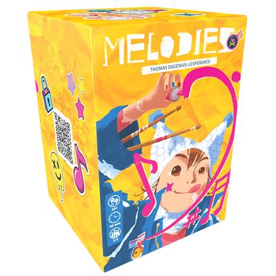 Melodies cooperative game box featuring a child in a jester hat drawing a pink musical staff.