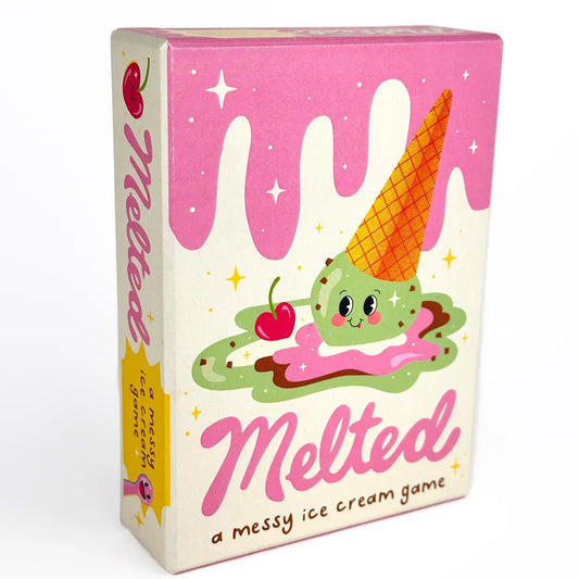Box for Melted: A Messy Ice Cream Card Game featuring cones, cherries, and pink drips.