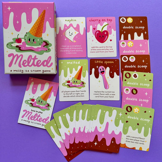 Melted: A Messy Ice Cream Card Game with illustrated cards, instructions, and a melting cone box.