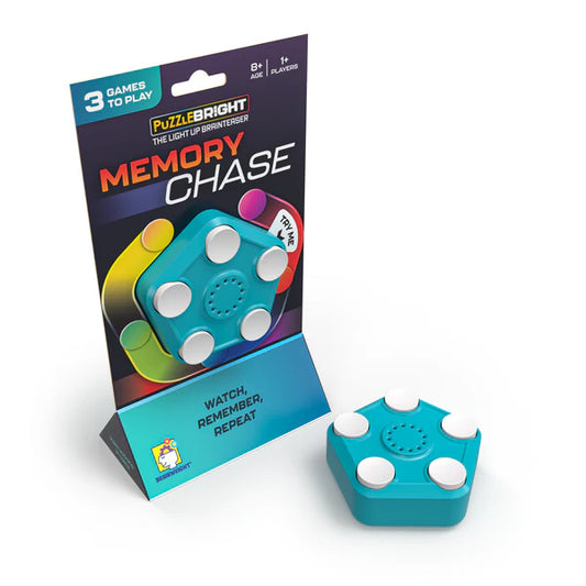 The Memory Chase - Puzzle Bright Mini, a blue memory game with white buttons.